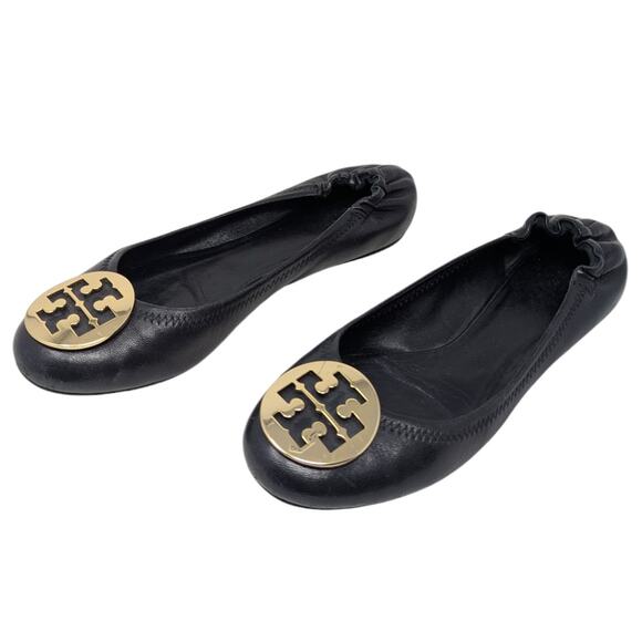 Tory Burch Minnie Black Leather Ballet Flats Gold Logo Size 8.5 - Picture 5 of 6